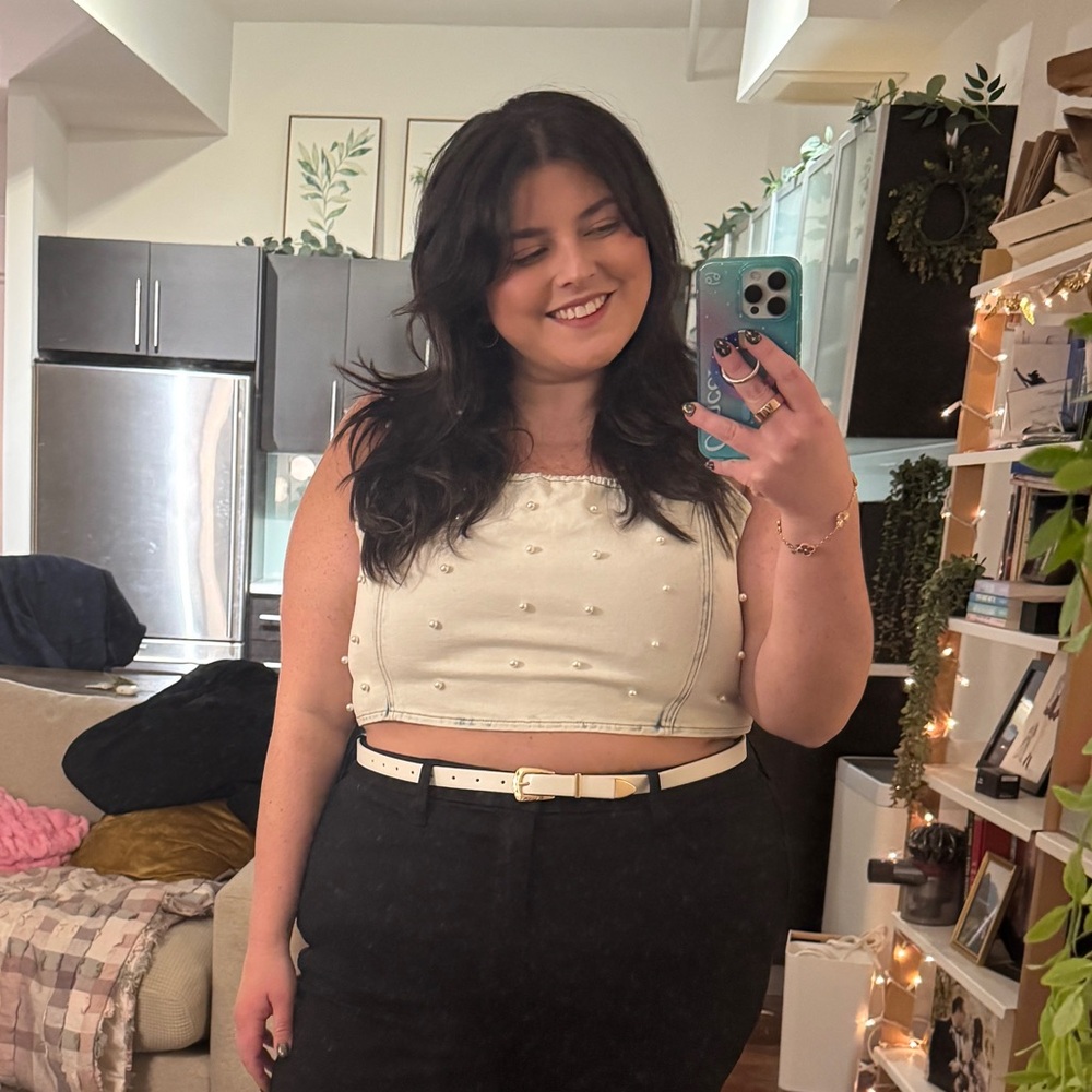 Sugar Thrillz White Denim Crop Top with Pearls